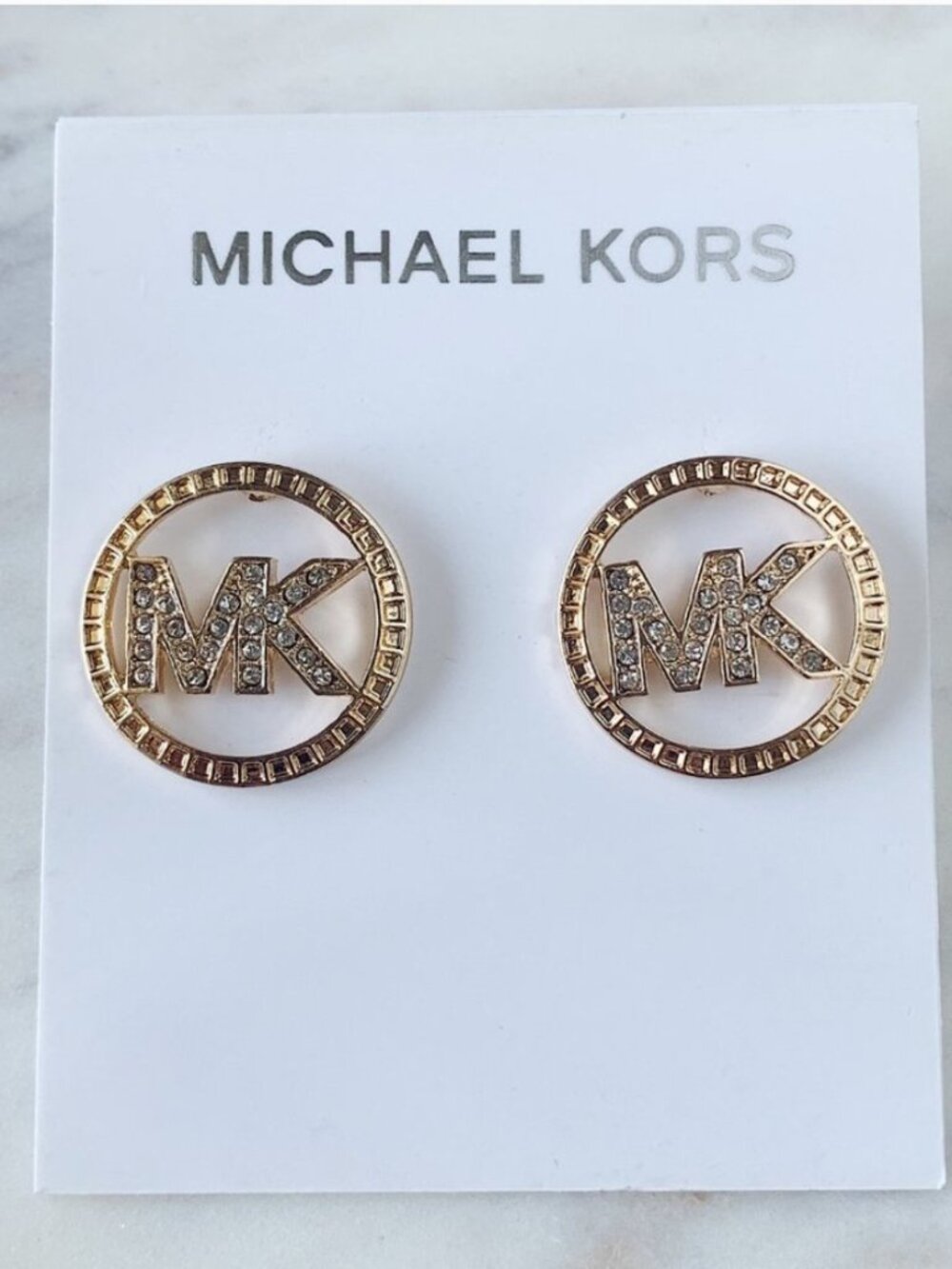 Michael Kors MK Logo Crystal Stud Earrings Rose Gold Tone Round Statement